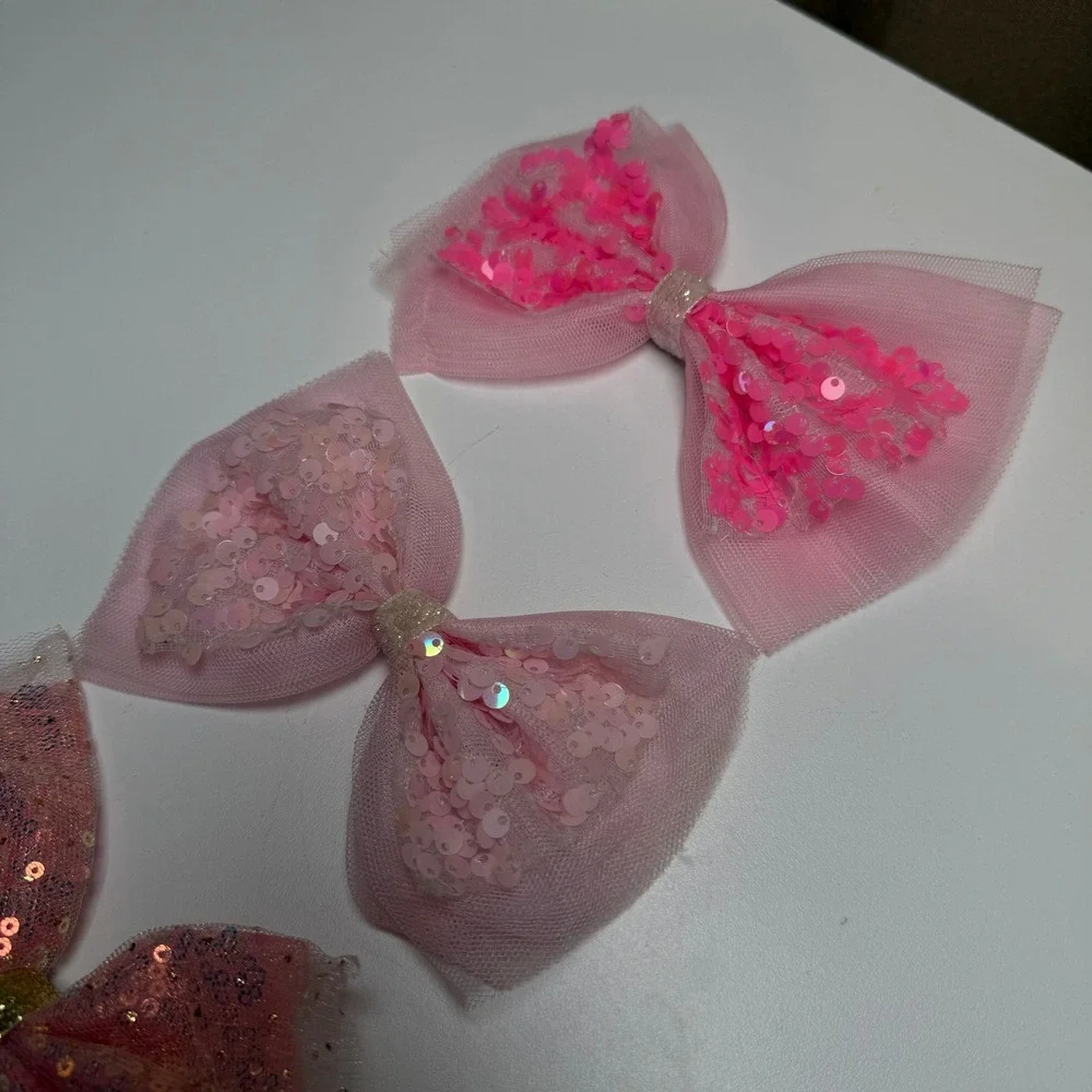 Kids Pink Sequin‎ Tulle Bow Hair Clips Set 3 Sparkly hair Accessories Girls